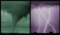 photograph of a tornado and a lightning storm